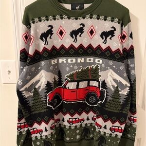 Ford Bronco Holiday Crewneck Sweater - Olive Green & Red
